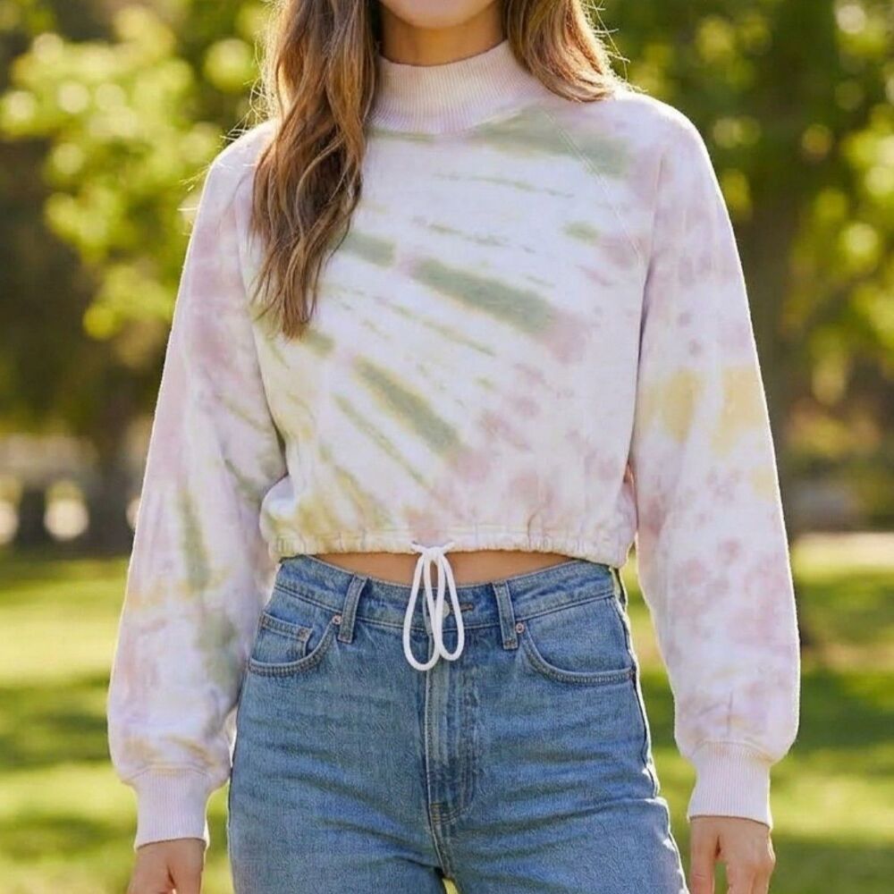 Aeropostale XS Pink Green Tie Dye Fleece Pullover Mock Neck Cropped Y2K Lounge